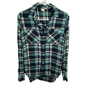 Roxy Button Down Flannel Shirt Mint Green Plaid XS